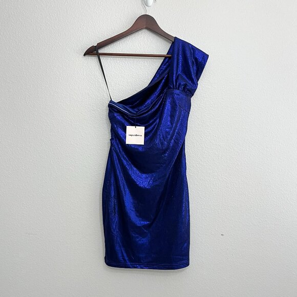 NWT superdown Tamia Asymmetrical Mini Dress Size Small Women's Metallic Blue - Picture 1 of 6